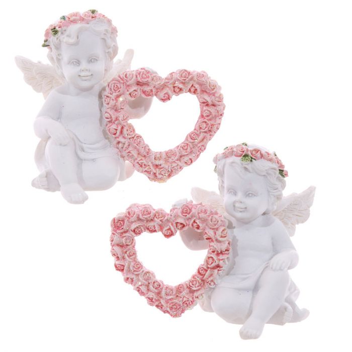 Engel beeldje Roze Rozen Hart (cherubijn)