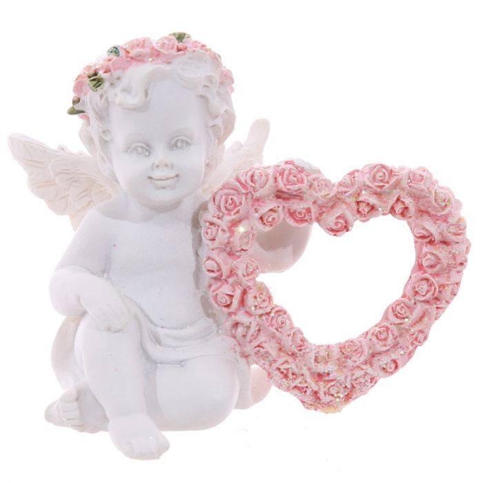Engel beeldje Roze Rozen Hart (cherubijn)