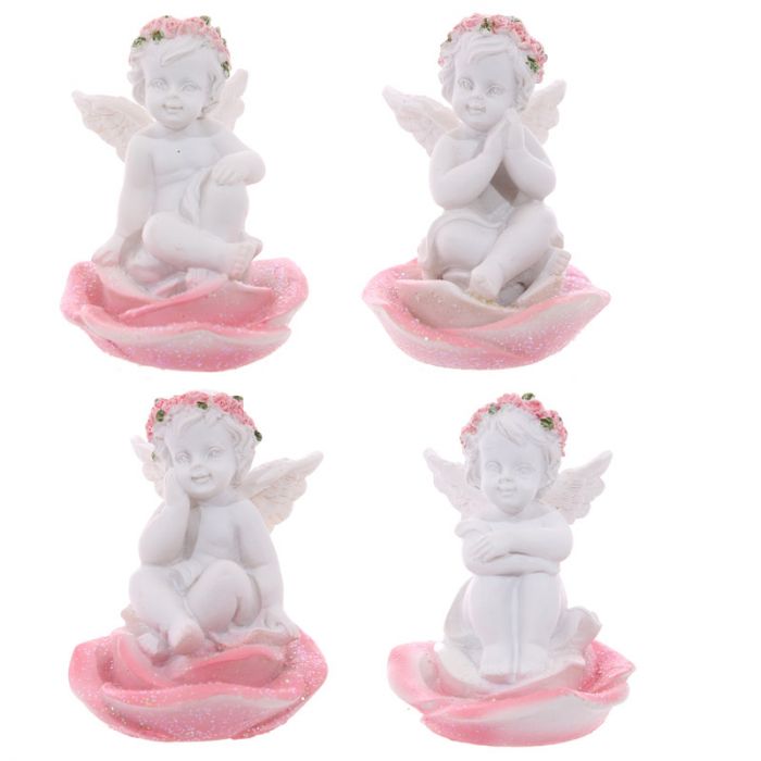 Engel beeldje zittend roze rozen hoofd (cherubijn)