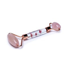 Massageroller rozenkwarts met bloemen - Roze - 14cm