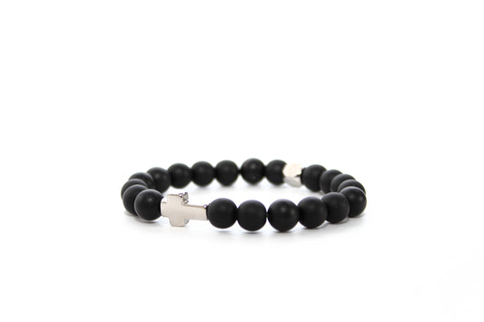 Kogelarmband Pure Stone Matte Onyx Zilver Kruis 8mm