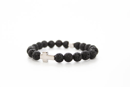 Kogelarmband Pure Stone Lavasteen Zwart zilver Kruis 8mm