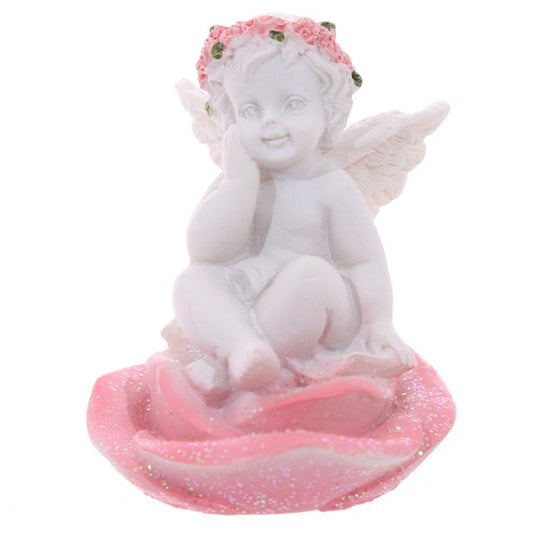 Engel beeldje zittend roze rozen hoofd (cherubijn)